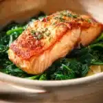 Close-up of creamy pasta with spinach in a warm, inviting setting