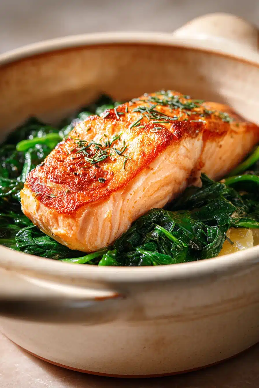 Close-up of creamy pasta with spinach in a warm, inviting setting