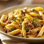 Close-up of one pot pasta with ground beef, cheese, and creamy sauce in a white bowl.