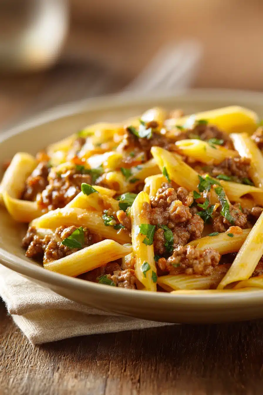 Close-up of one pot pasta with ground beef, cheese, and creamy sauce in a white bowl.