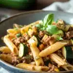Close-up of one pot pasta with zucchini and hackfleisch in a bright setting