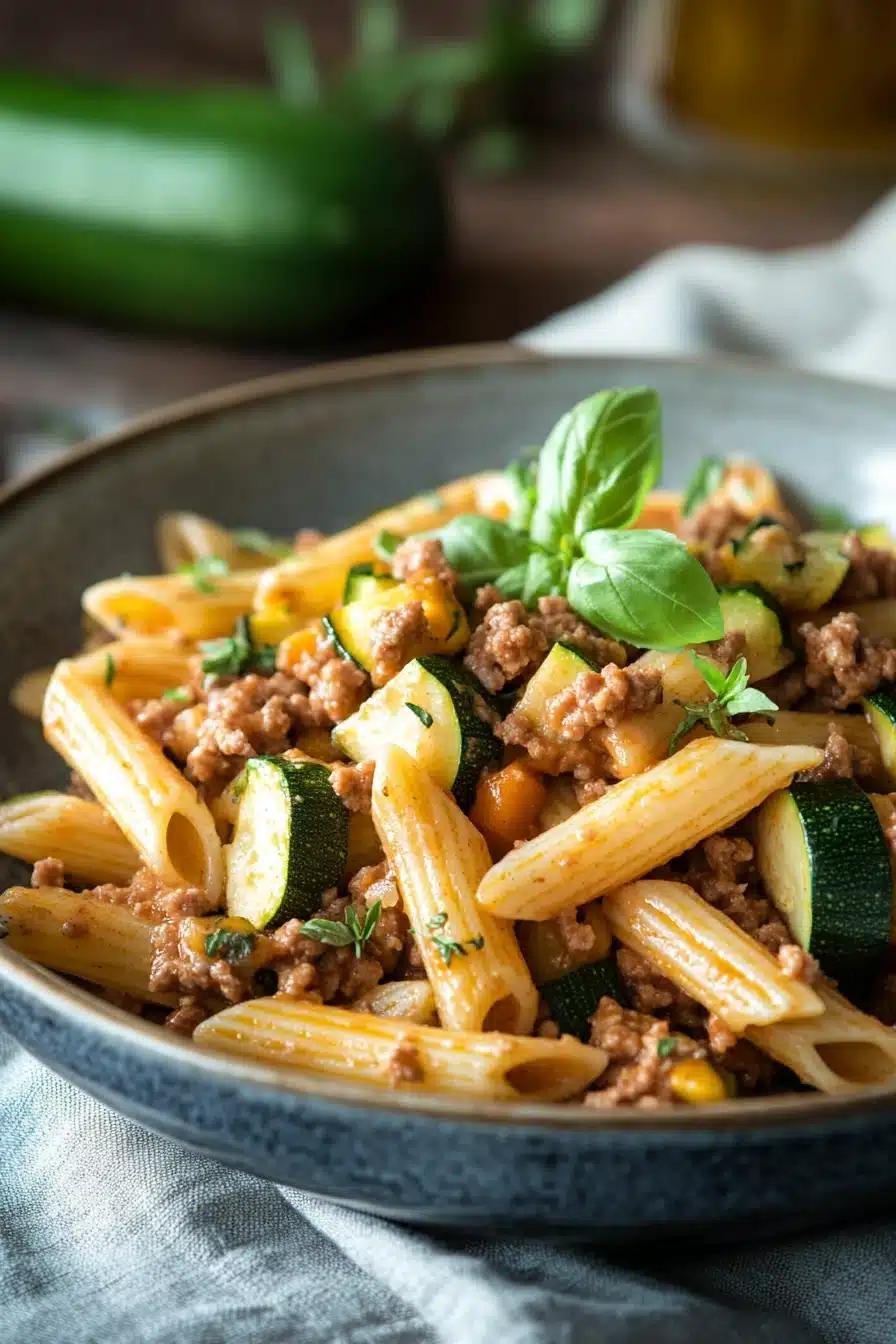 Close-up of one pot pasta with zucchini and hackfleisch in a bright setting