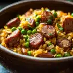 Close-up of one pot sausage and yellow rice with vibrant colors and textures.