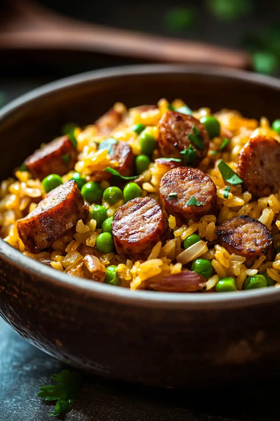 Close-up of one pot sausage and yellow rice with vibrant colors and textures.