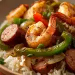 Close-up of one pot sausage shrimp and rice with vibrant colors and appetizing presentation