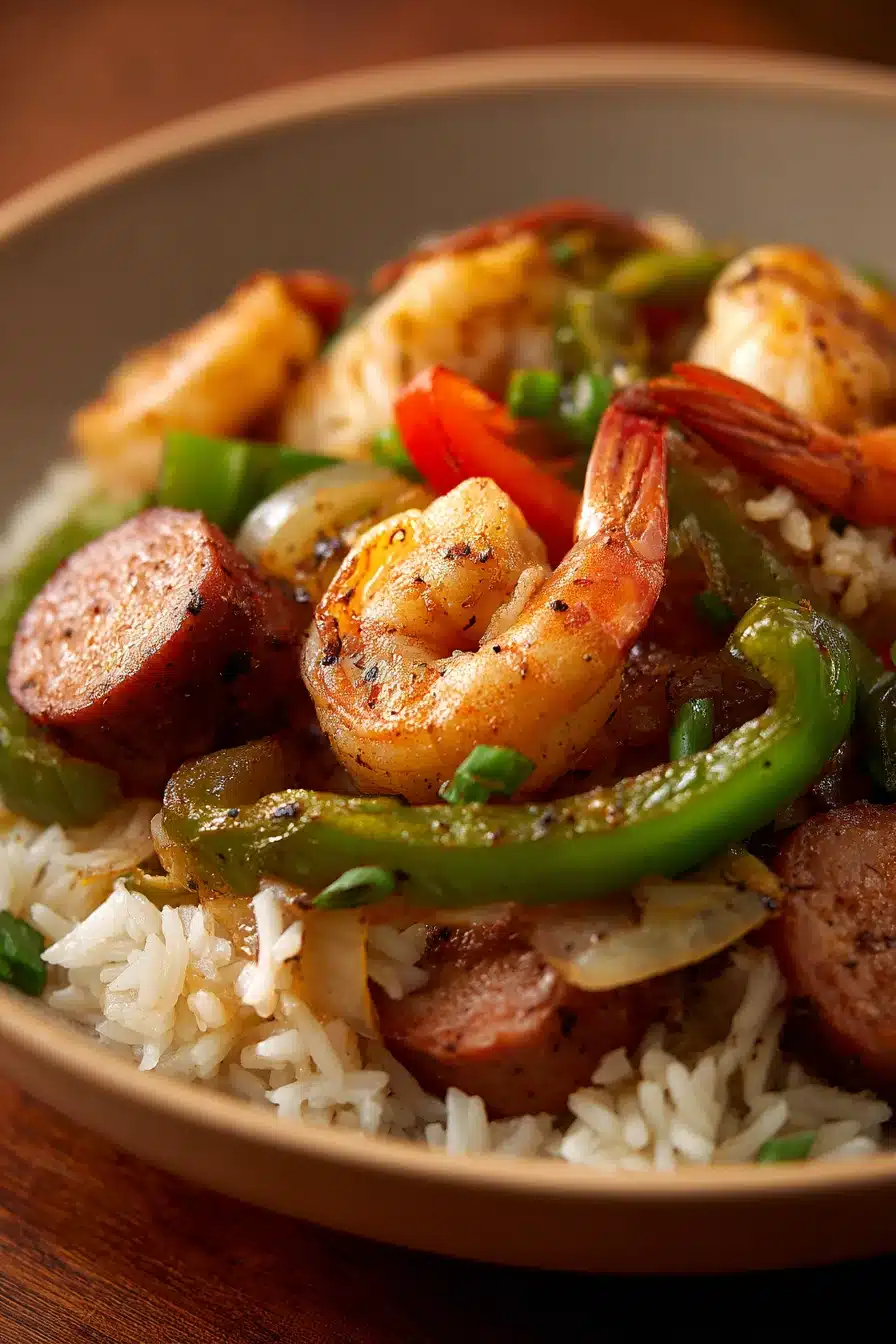 Close-up of one pot sausage shrimp and rice with vibrant colors and appetizing presentation