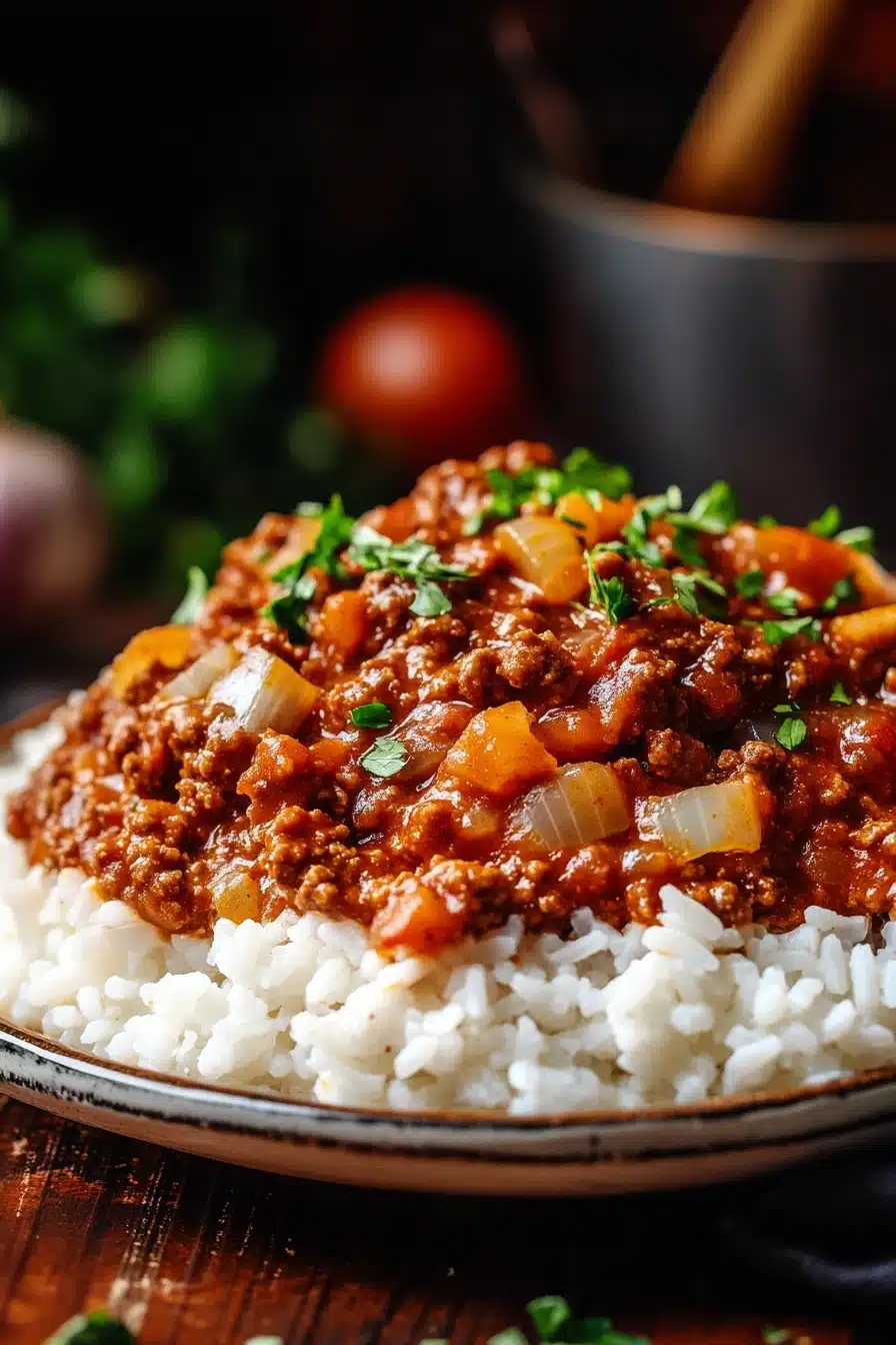 Close-up of one pot sloppy joe ground beef and rice with vibrant textures