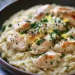 Close-up of one skillet creamy lemon chicken orzo with herbs