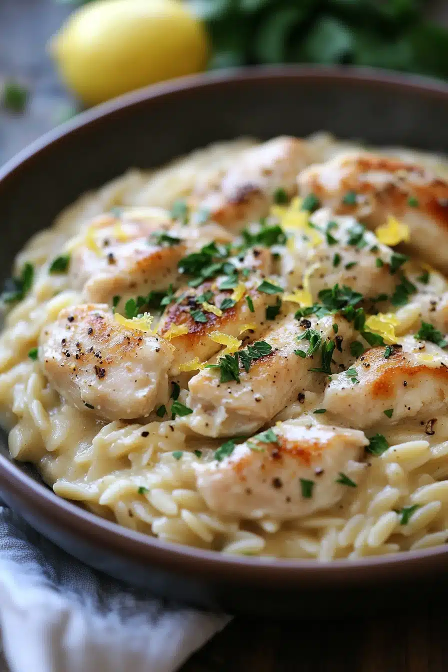 Close-up of one skillet creamy lemon chicken orzo with herbs
