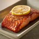 Close-up of pan-fried sockeye salmon with crispy skin and a hint of garnish.