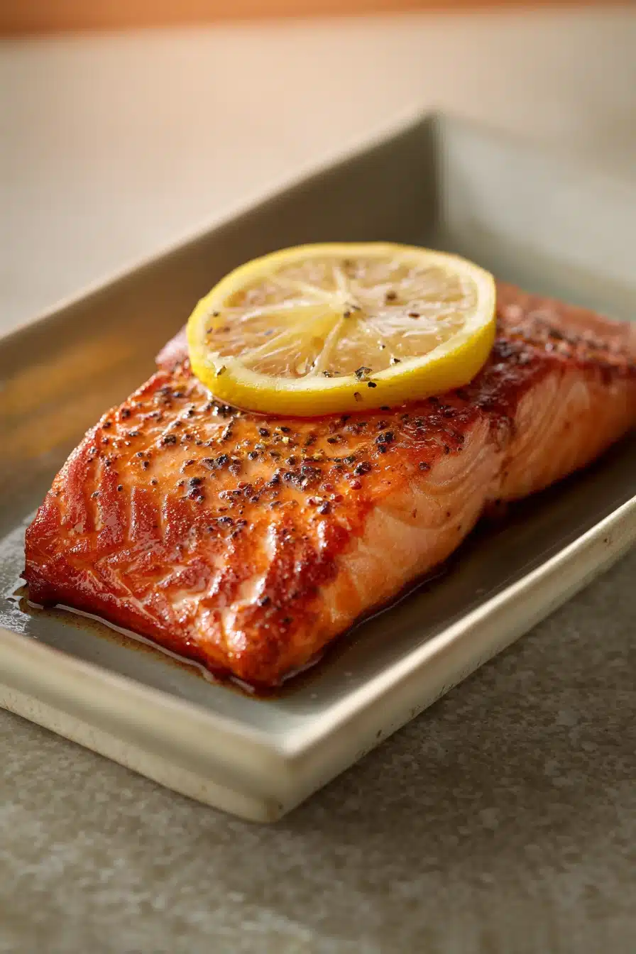 Close-up of pan-fried sockeye salmon with crispy skin and a hint of garnish.