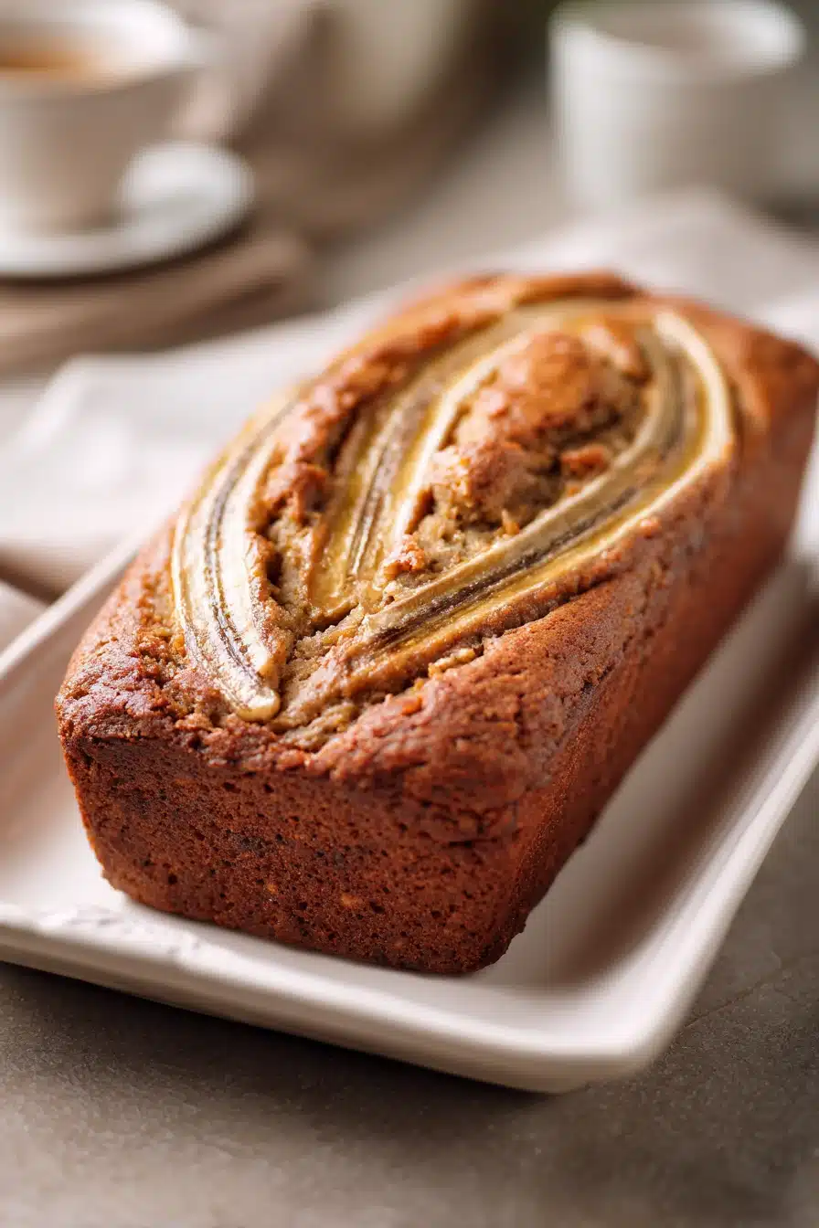 Close-up of freshly baked peanut butter banana bread with a golden crust.