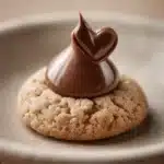 Close-up of peanut butter cookies topped with Hershey's Kisses on a minimal background.