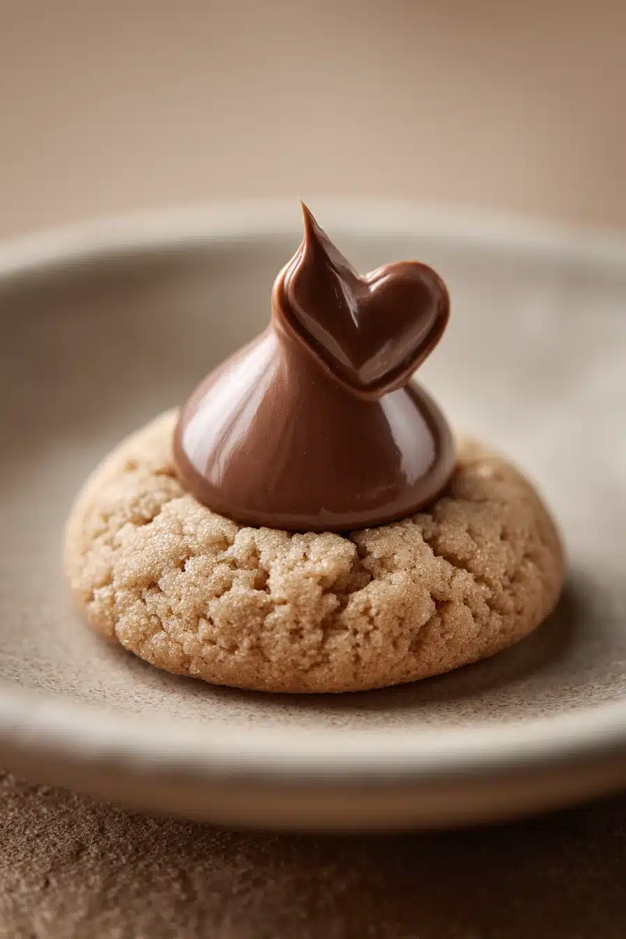 Close-up of peanut butter cookies topped with Hershey's Kisses on a minimal background.
