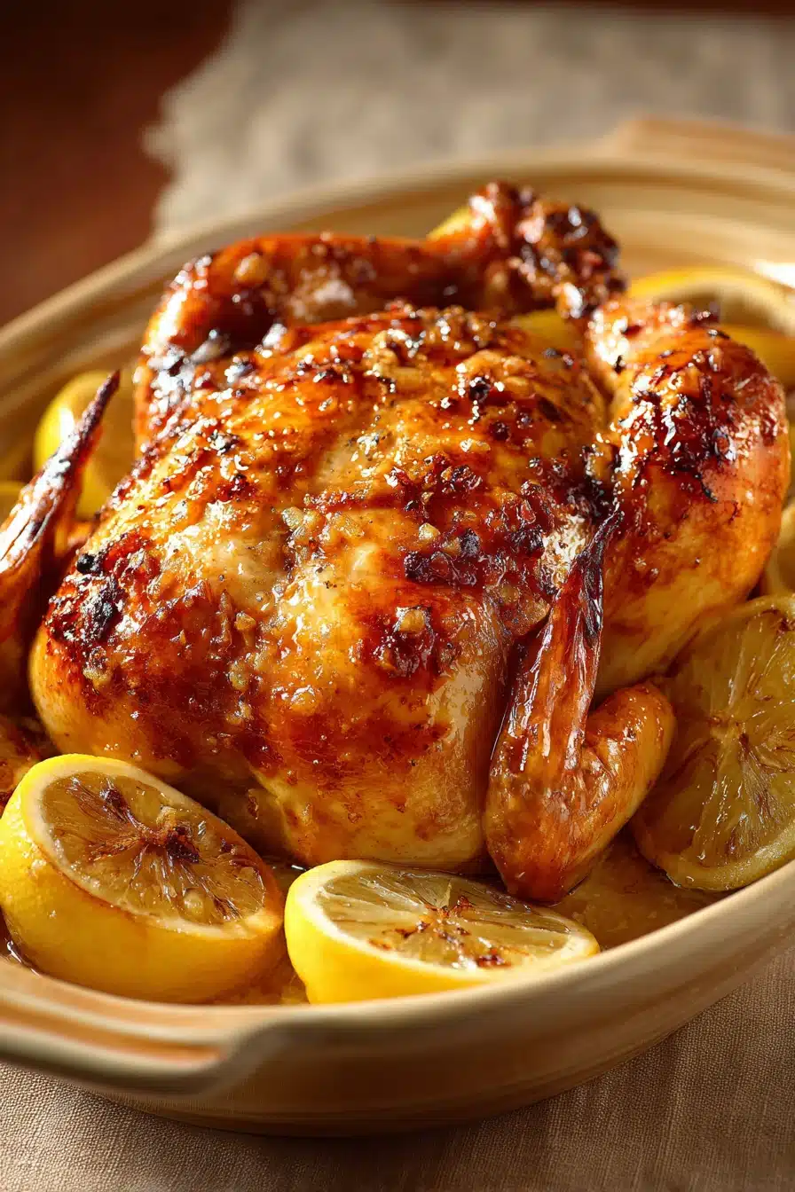 Close-up of roast chicken with honey garlic glaze, showcasing golden brown skin and appetizing textures.