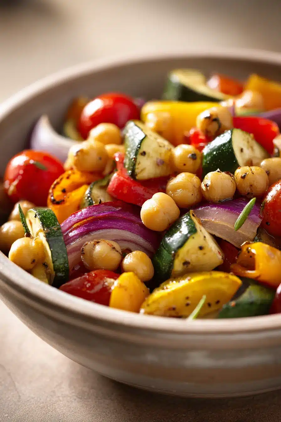 Close-up of roasted chickpeas and vegetables with bright natural lighting