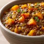 Close-up of a hearty roasted pumpkin lentil stew with visible vegetables and herbs.