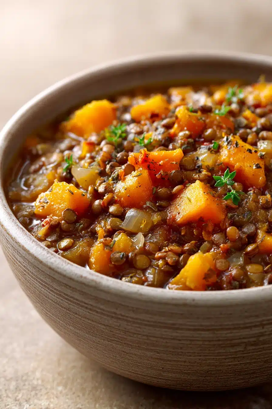Close-up of a hearty roasted pumpkin lentil stew with visible vegetables and herbs.