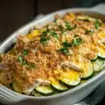 Close-up of rotisserie chicken and zucchini casserole with golden crust and fresh herbs.