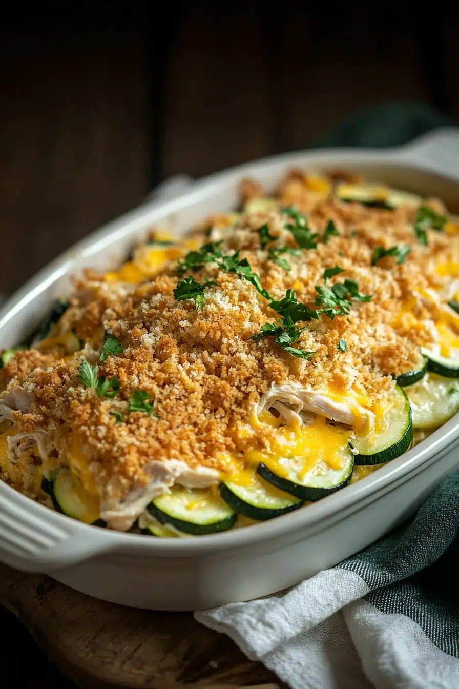 Close-up of rotisserie chicken and zucchini casserole with golden crust and fresh herbs.