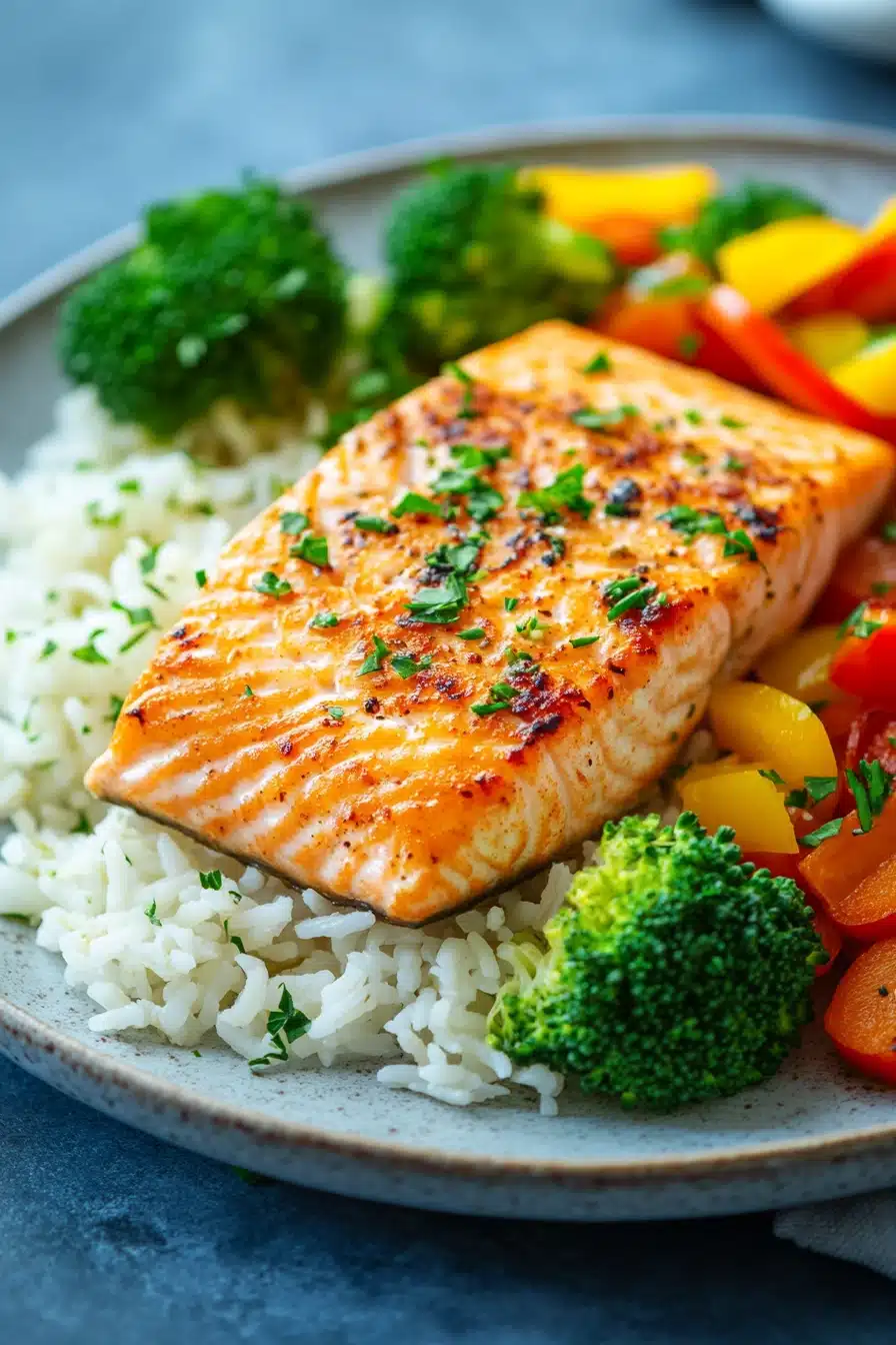 Close-up of a salmon and rice dinner with bright natural lighting