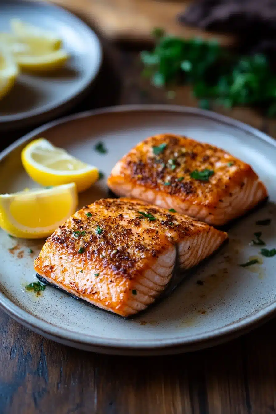 Close-up of salmon cooked in the Ninja air fryer with a clean background.