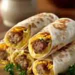 Close-up of sausage egg breakfast roll-ups with a golden crust and fresh herbs