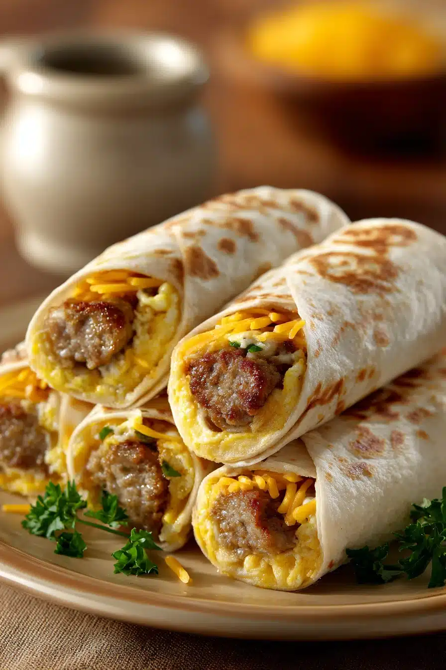 Close-up of sausage egg breakfast roll-ups with a golden crust and fresh herbs