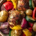 Close-up of sheet pan paprika chicken and veggies with vibrant colors and clear textures.