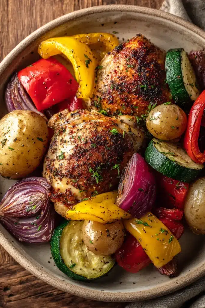 Close-up of sheet pan paprika chicken and veggies with vibrant colors and clear textures.
