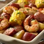 Close-up of a vibrant sheet pan shrimp boil with corn, potatoes, and shrimp