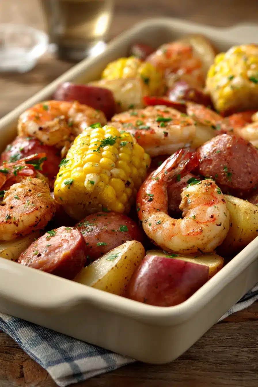 Close-up of a vibrant sheet pan shrimp boil with corn, potatoes, and shrimp