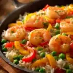 Close-up of a shrimp and rice skillet with vibrant colors and fresh ingredients.