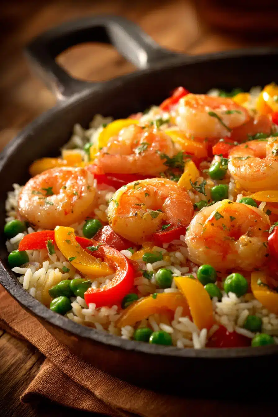Close-up of a shrimp and rice skillet with vibrant colors and fresh ingredients.