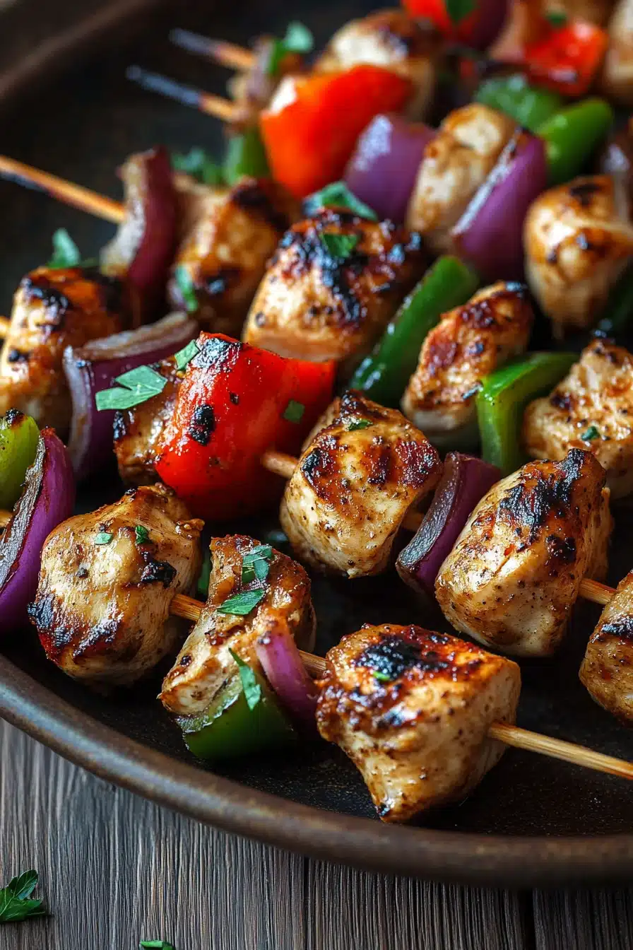 Close-up of skillet chicken kabobs with bright, natural lighting and minimal background