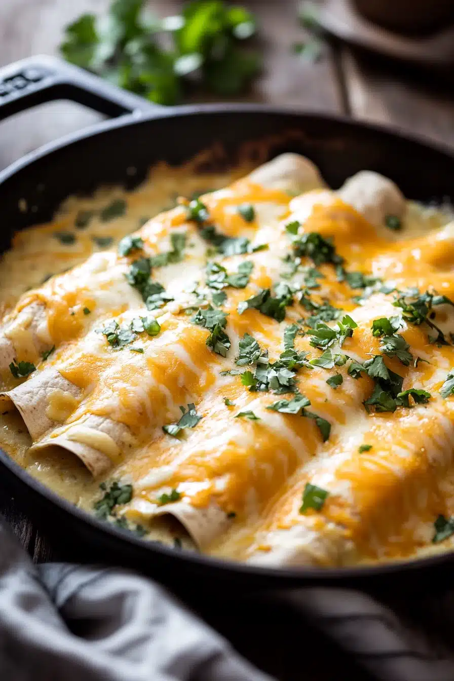 Close-up of skillet creamy chicken enchiladas with melted cheese and herbs