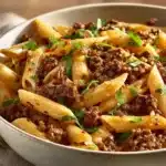 Close-up of skillet spicy honey garlic beef pasta with vibrant textures and warm lighting.