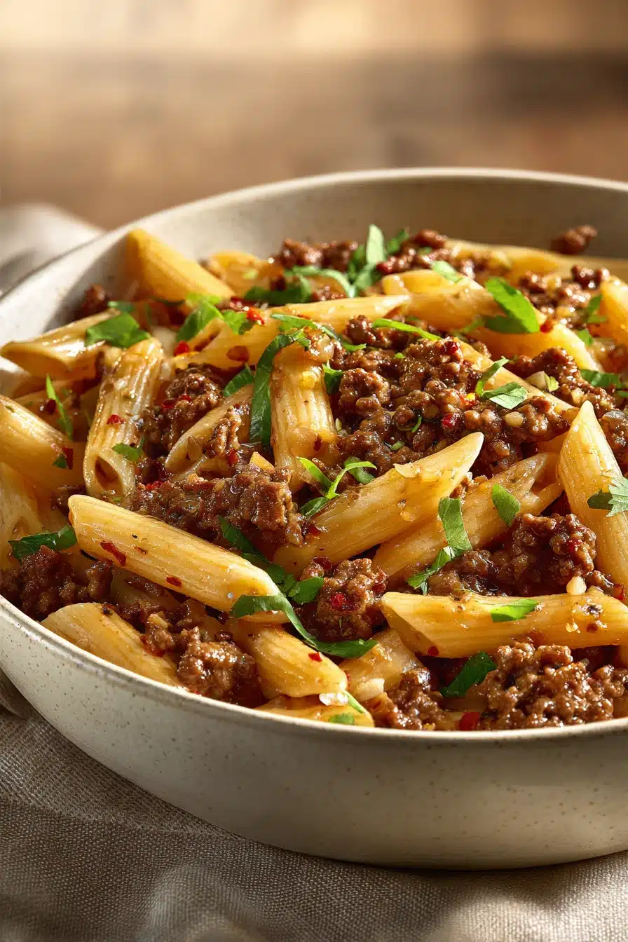 Close-up of skillet spicy honey garlic beef pasta with vibrant textures and warm lighting.