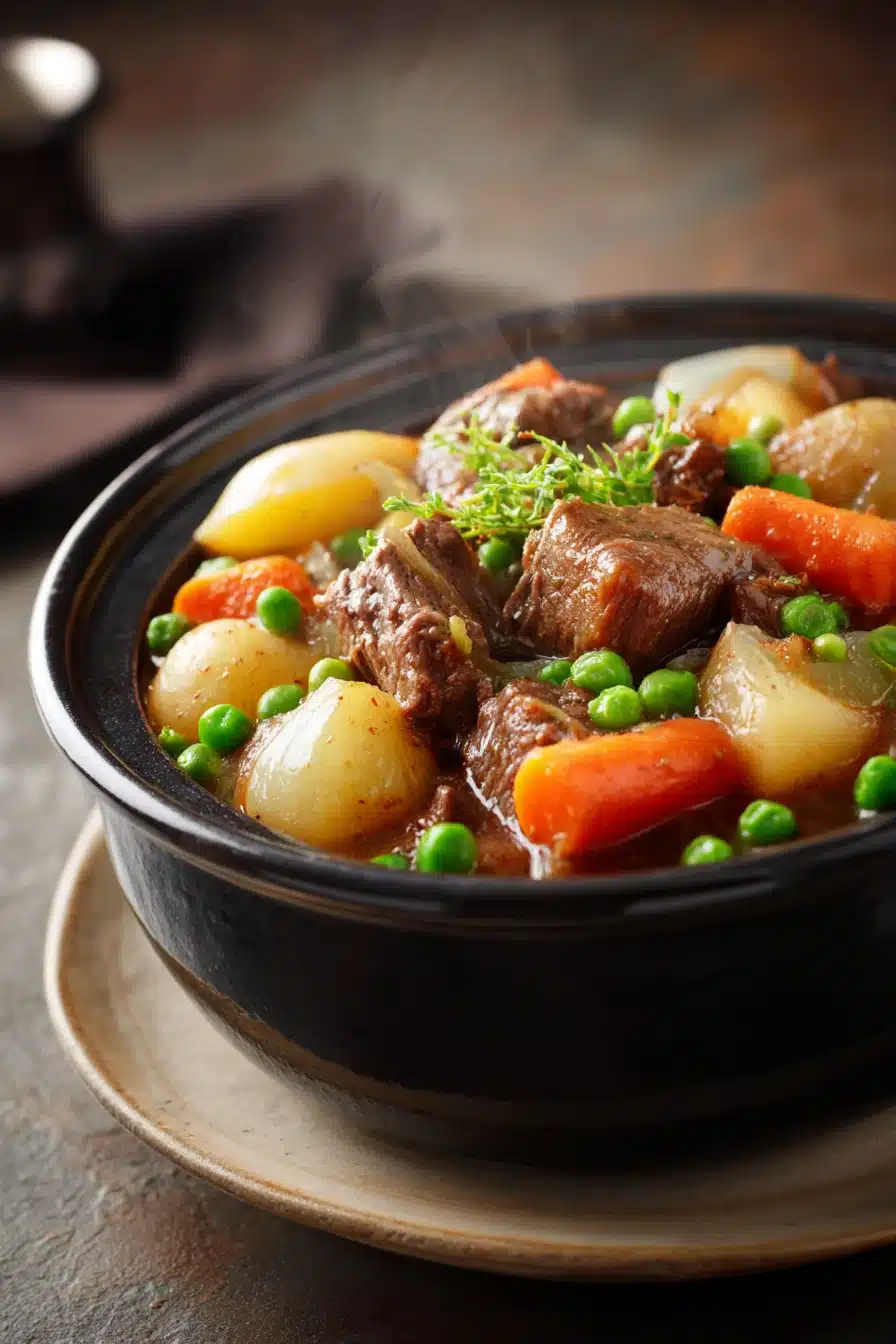 Close-up of slow cooker beef and vegetables stew with carrots and herbs in a bowl