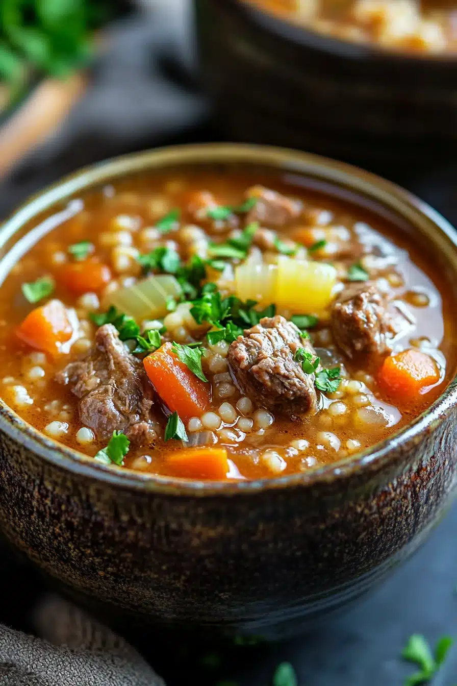 Close-up of slow cooker beef barley soup with vegetables in a bowl