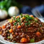 Close-up of slow cooker beef bolognese with rich sauce and herbs