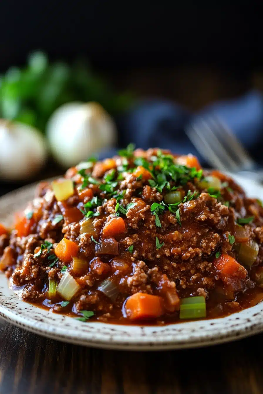 Close-up of slow cooker beef bolognese with rich sauce and herbs