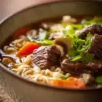 Close-up of slow cooker beef ramen noodle with vibrant vegetables and rich broth.