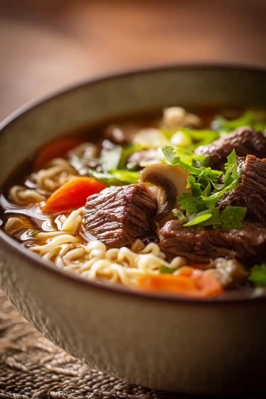 Close-up of slow cooker beef ramen noodle with vibrant vegetables and rich broth.