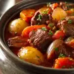 Close-up of slow cooker beef stew with tomato juice, featuring tender beef chunks and vegetables.