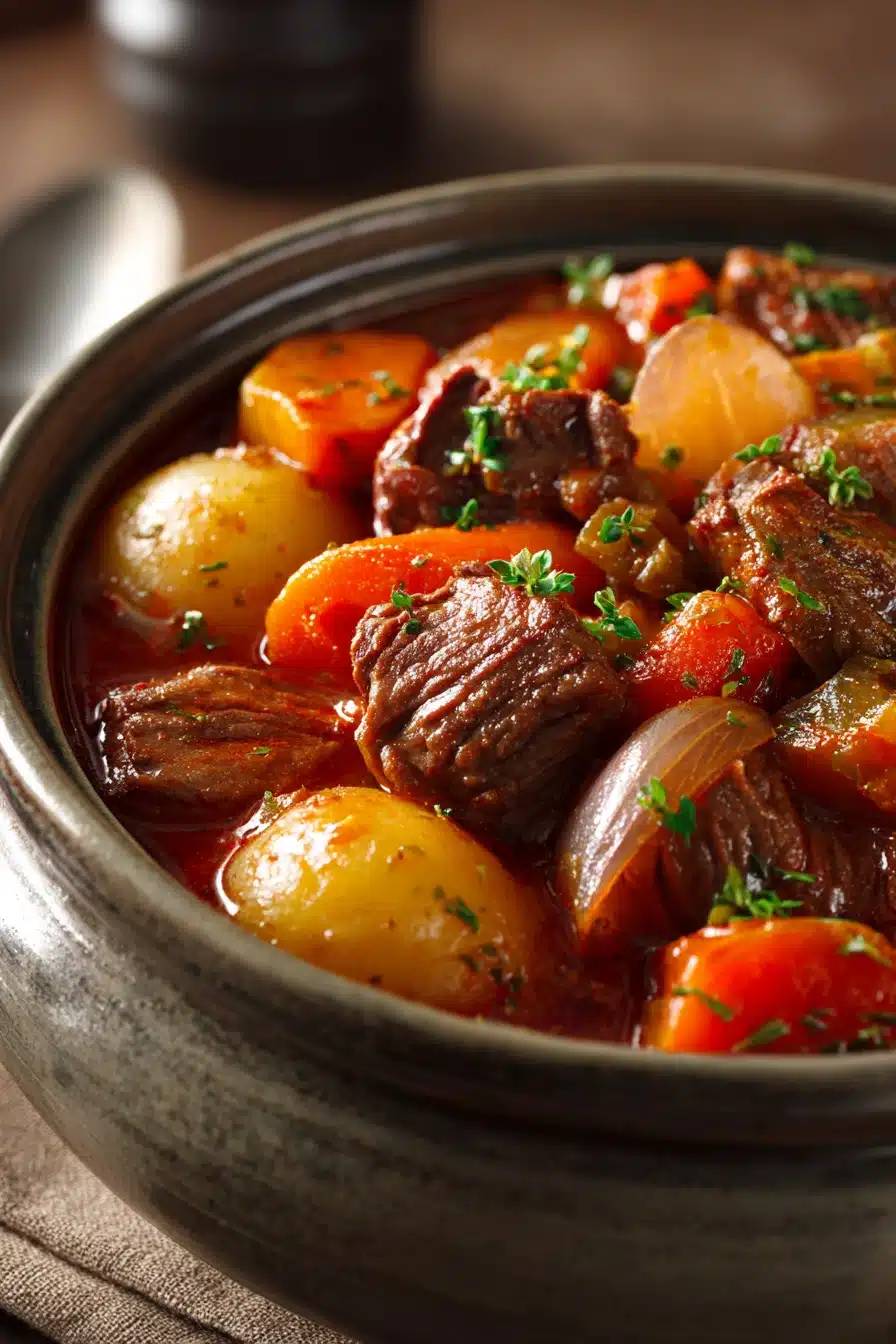 Close-up of slow cooker beef stew with tomato juice, featuring tender beef chunks and vegetables.