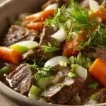 Close-up of slow cooker beef tongue with rich sauce and herbs