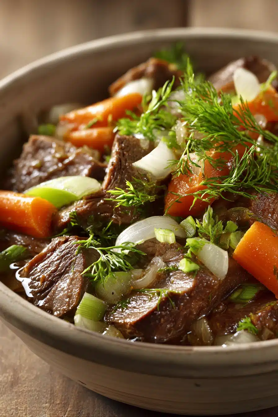 Close-up of slow cooker beef tongue with rich sauce and herbs