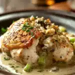 Close-up of slow cooker chicken and stuffing with a warm, inviting presentation.