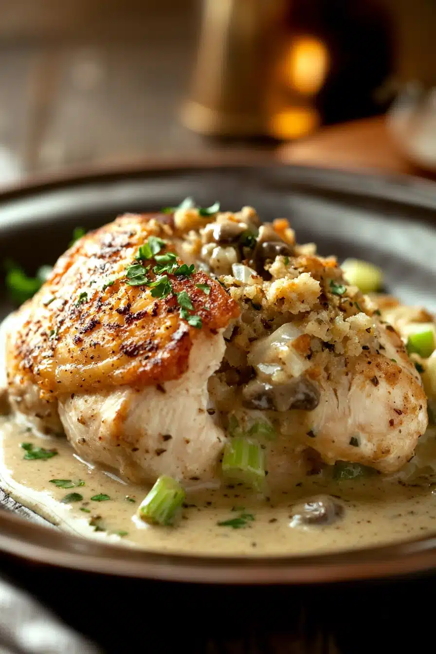 Close-up of slow cooker chicken and stuffing with a warm, inviting presentation.